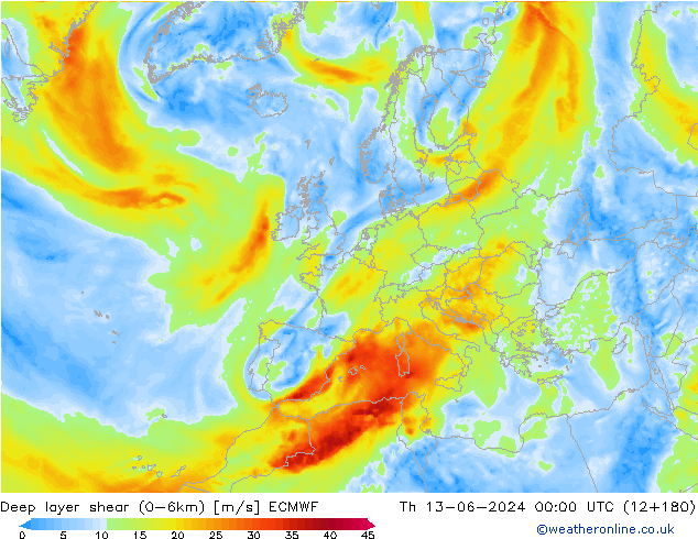 Deep layer shear (0-6km) ECMWF Čt 13.06.2024 00 UTC