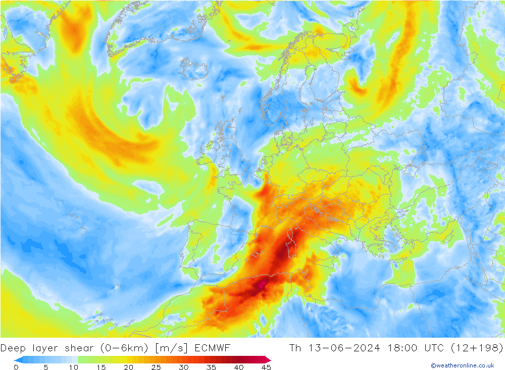 Deep layer shear (0-6km) ECMWF Do 13.06.2024 18 UTC