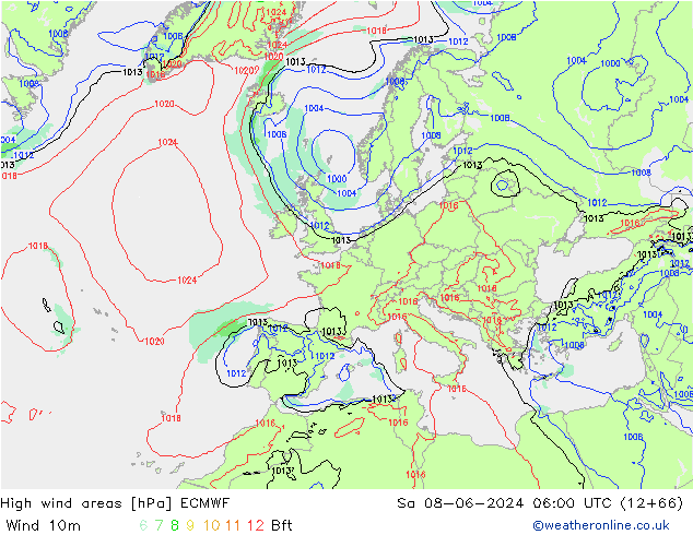 High wind areas ECMWF sáb 08.06.2024 06 UTC