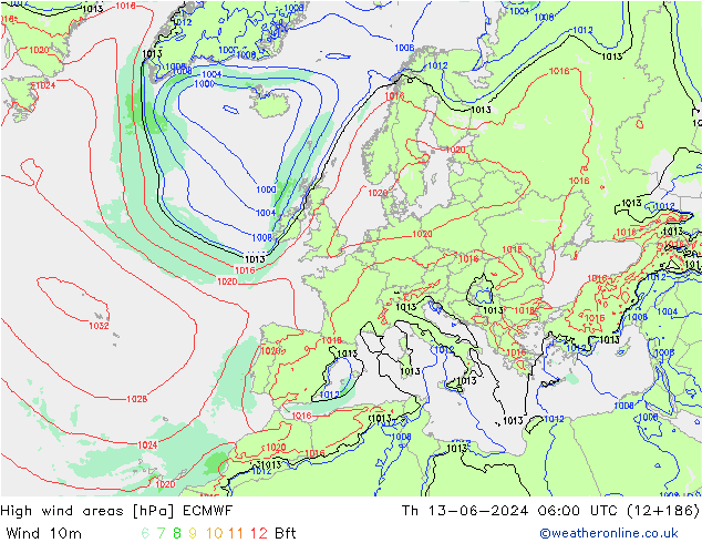 High wind areas ECMWF чт 13.06.2024 06 UTC