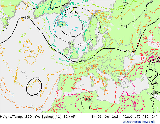 Hoogte/Temp. 850 hPa ECMWF do 06.06.2024 12 UTC