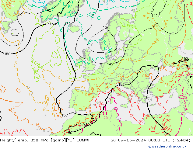 Height/Temp. 850 гПа ECMWF Вс 09.06.2024 00 UTC