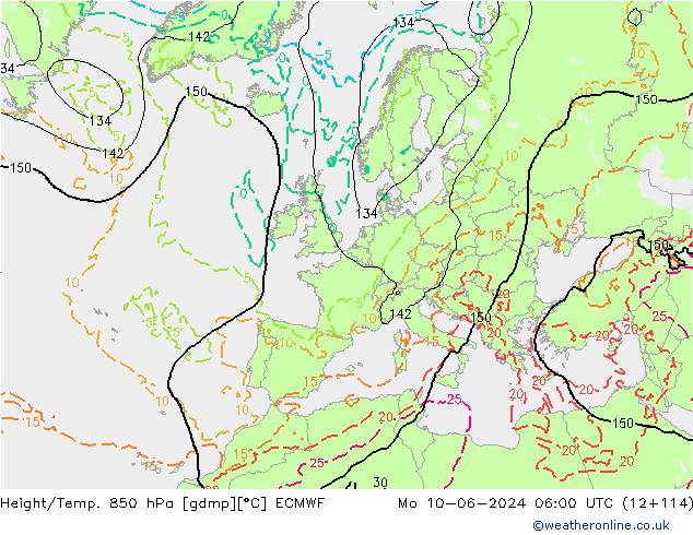 Height/Temp. 850 hPa ECMWF Mo 10.06.2024 06 UTC