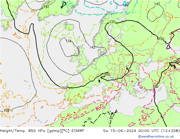 Hoogte/Temp. 850 hPa ECMWF za 15.06.2024 00 UTC