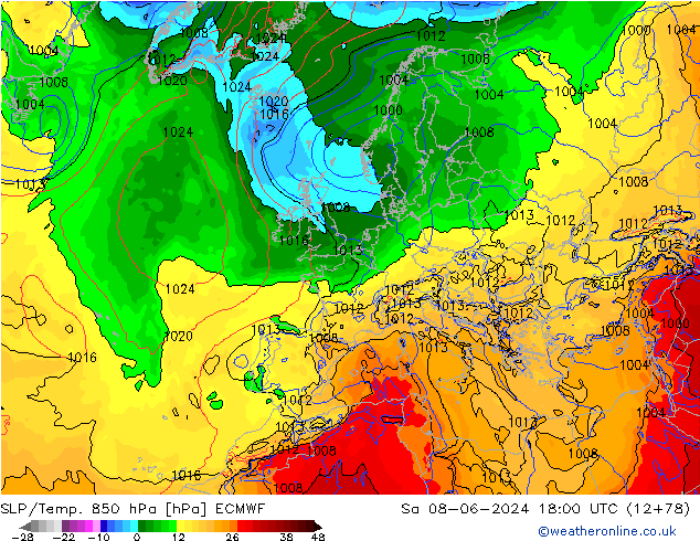 SLP/Temp. 850 hPa ECMWF Sáb 08.06.2024 18 UTC