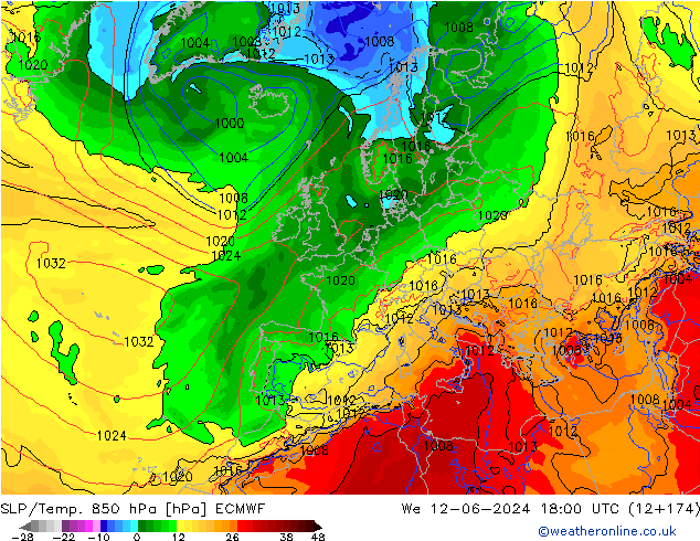 SLP/Temp. 850 гПа ECMWF ср 12.06.2024 18 UTC