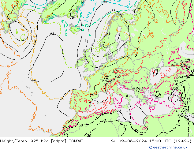 Height/Temp. 925 hPa ECMWF So 09.06.2024 15 UTC