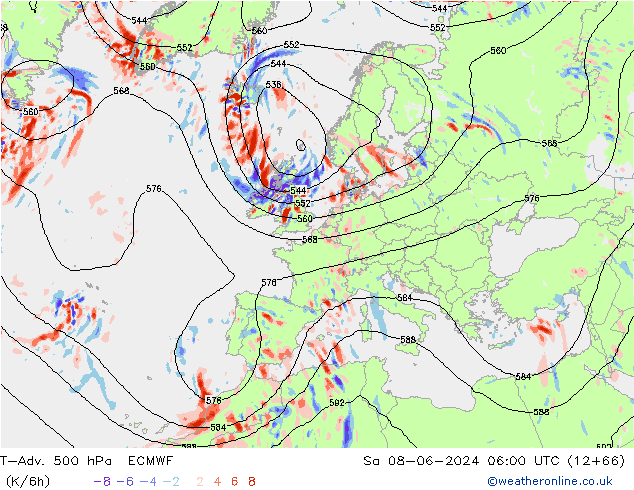 T-Adv. 500 hPa ECMWF so. 08.06.2024 06 UTC