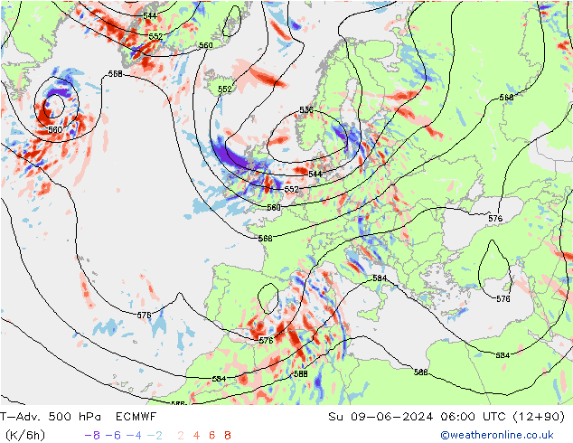 T-Adv. 500 hPa ECMWF Su 09.06.2024 06 UTC