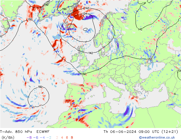 T-Adv. 850 hPa ECMWF gio 06.06.2024 09 UTC