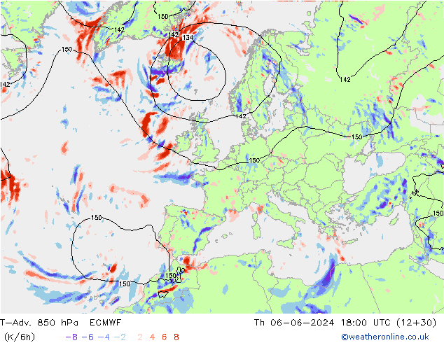 T-Adv. 850 hPa ECMWF jue 06.06.2024 18 UTC