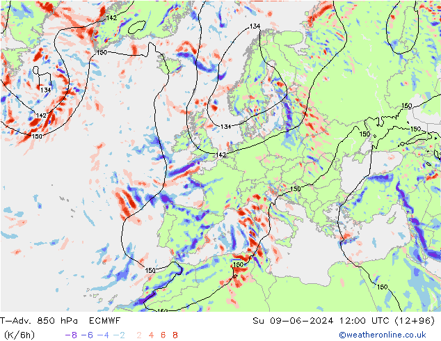 T-Adv. 850 hPa ECMWF Su 09.06.2024 12 UTC