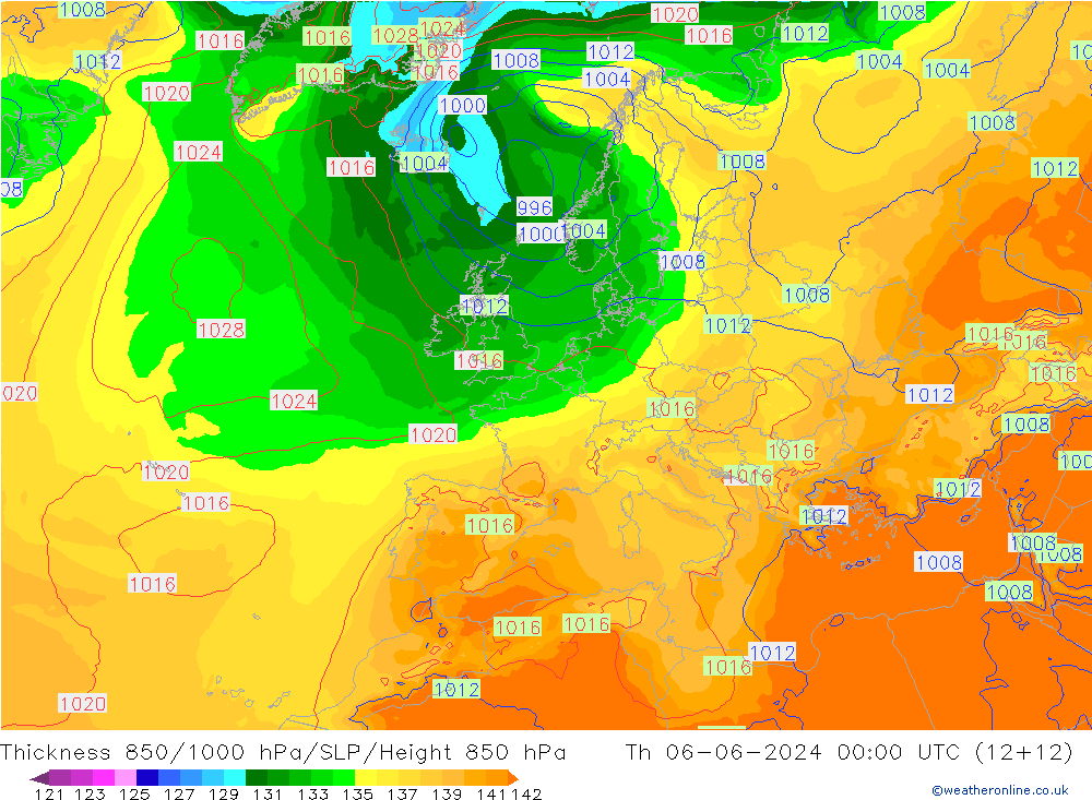 Dikte 850-1000 hPa ECMWF do 06.06.2024 00 UTC