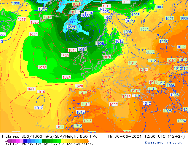 Espesor 850-1000 hPa ECMWF jue 06.06.2024 12 UTC