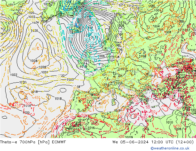 Theta-e 700hPa ECMWF Mi 05.06.2024 12 UTC