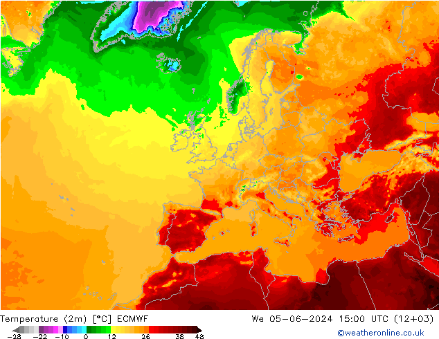 Temperatura (2m) ECMWF Qua 05.06.2024 15 UTC
