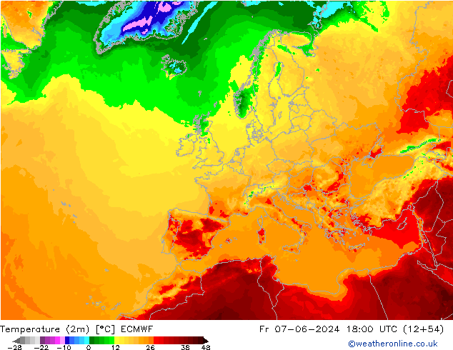 Temperaturkarte (2m) ECMWF Fr 07.06.2024 18 UTC