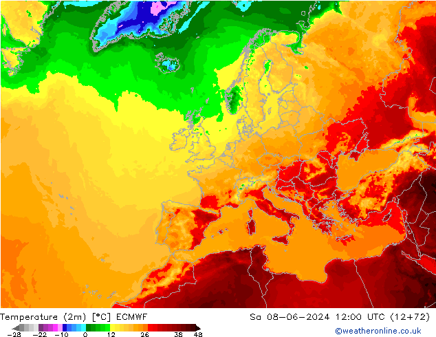 Temperatuurkaart (2m) ECMWF za 08.06.2024 12 UTC