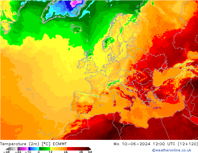 Temperature (2m) ECMWF Po 10.06.2024 12 UTC