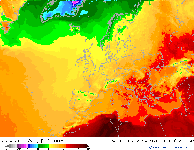 Temperaturkarte (2m) ECMWF Mi 12.06.2024 18 UTC