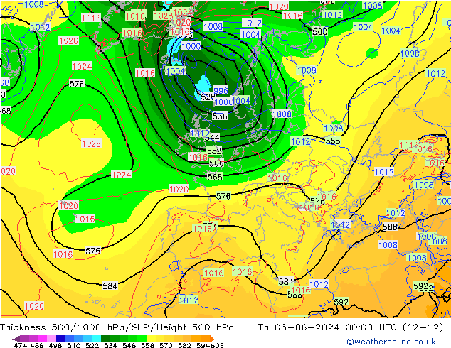 Espesor 500-1000 hPa ECMWF jue 06.06.2024 00 UTC