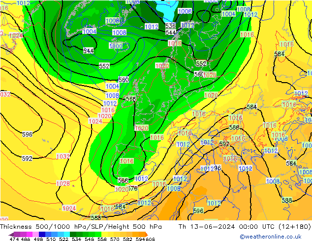 Thck 500-1000hPa ECMWF Qui 13.06.2024 00 UTC