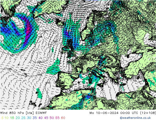 ветер 850 гПа ECMWF пн 10.06.2024 00 UTC