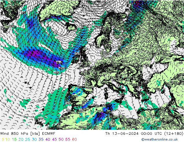 Wind 850 hPa ECMWF do 13.06.2024 00 UTC