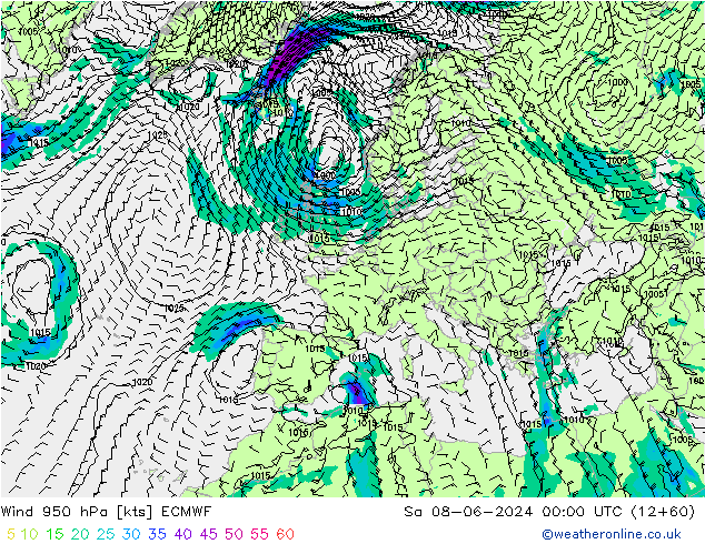 Vento 950 hPa ECMWF sab 08.06.2024 00 UTC