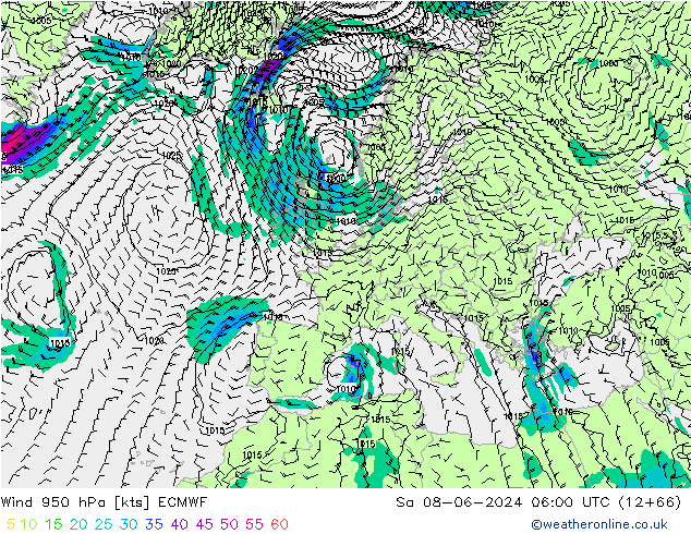 Wind 950 hPa ECMWF So 08.06.2024 06 UTC