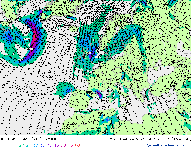 wiatr 950 hPa ECMWF pon. 10.06.2024 00 UTC