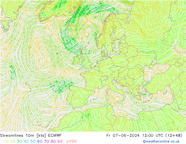 Streamlines 10m ECMWF Pá 07.06.2024 12 UTC