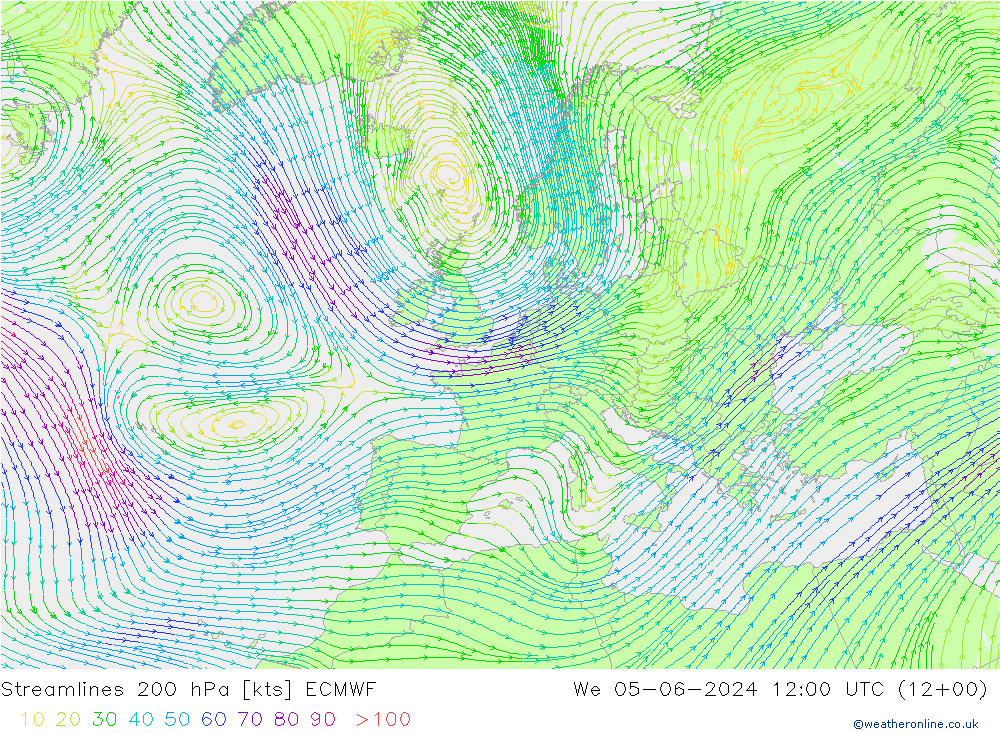 Linha de corrente 200 hPa ECMWF Qua 05.06.2024 12 UTC