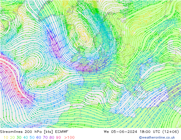 Streamlines 200 hPa ECMWF We 05.06.2024 18 UTC