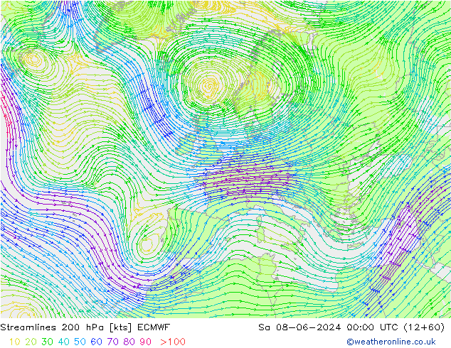 Linea di flusso 200 hPa ECMWF sab 08.06.2024 00 UTC