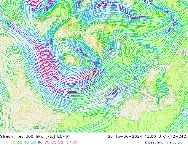 Stroomlijn 300 hPa ECMWF za 15.06.2024 12 UTC