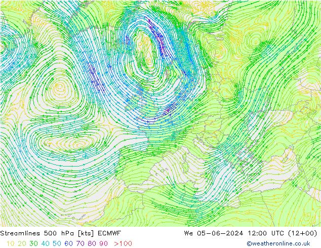 Streamlines 500 hPa ECMWF We 05.06.2024 12 UTC