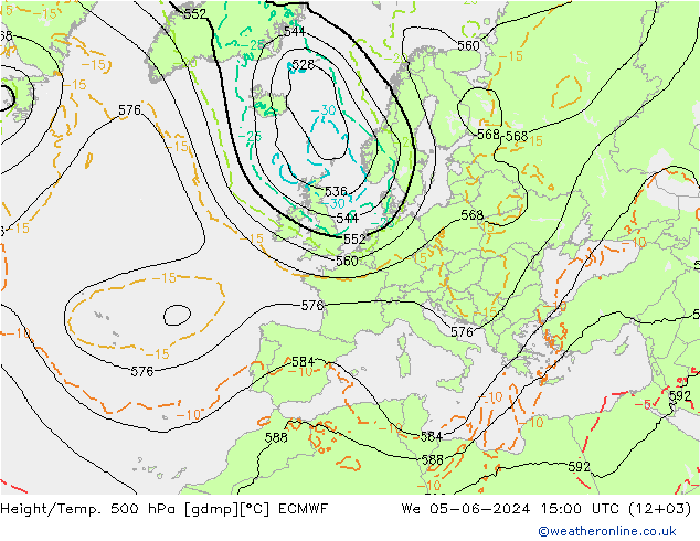 Height/Temp. 500 hPa ECMWF mer 05.06.2024 15 UTC