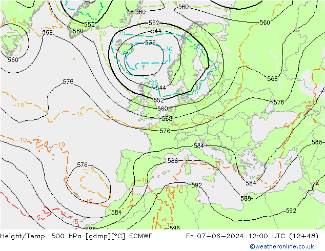 Z500/Rain (+SLP)/Z850 ECMWF Fr 07.06.2024 12 UTC