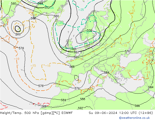 Z500/Regen(+SLP)/Z850 ECMWF zo 09.06.2024 12 UTC