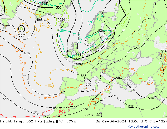 Z500/Rain (+SLP)/Z850 ECMWF 星期日 09.06.2024 18 UTC