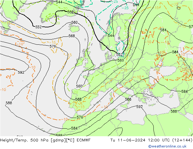 Z500/Rain (+SLP)/Z850 ECMWF Út 11.06.2024 12 UTC