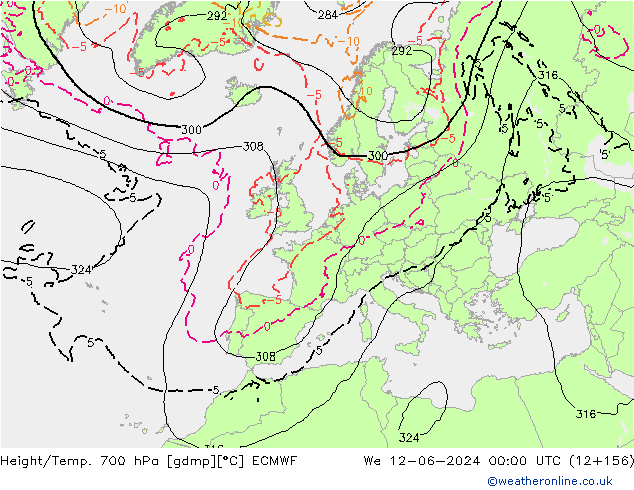 Height/Temp. 700 hPa ECMWF mer 12.06.2024 00 UTC