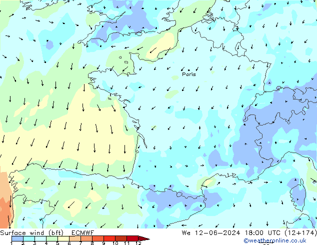 Surface wind (bft) ECMWF We 12.06.2024 18 UTC