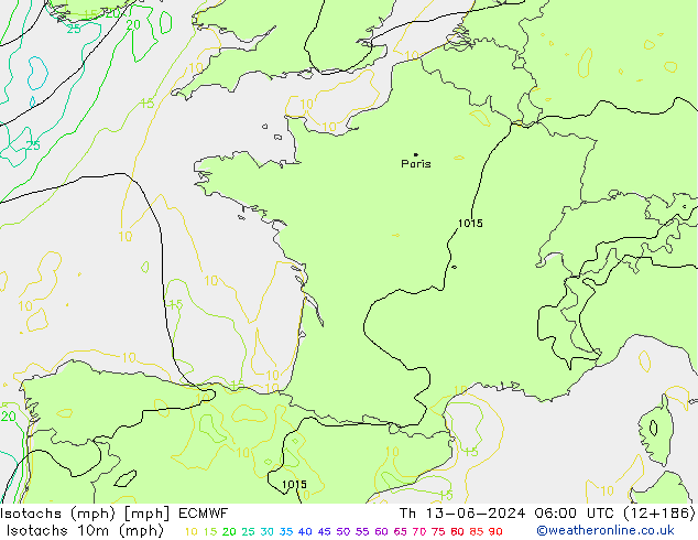 Isotachs (mph) ECMWF Qui 13.06.2024 06 UTC