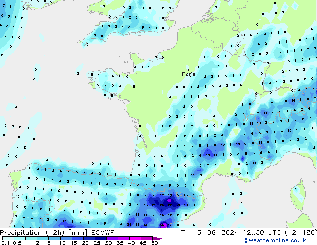 Precipitação (12h) ECMWF Qui 13.06.2024 00 UTC