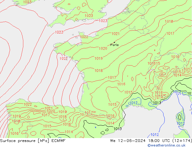 Surface pressure ECMWF We 12.06.2024 18 UTC