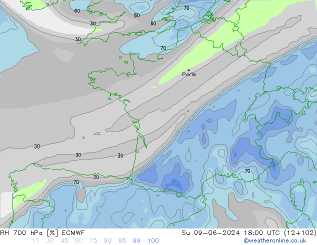 Humidité rel. 700 hPa ECMWF dim 09.06.2024 18 UTC