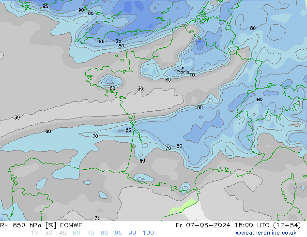 RH 850 hPa ECMWF Sex 07.06.2024 18 UTC