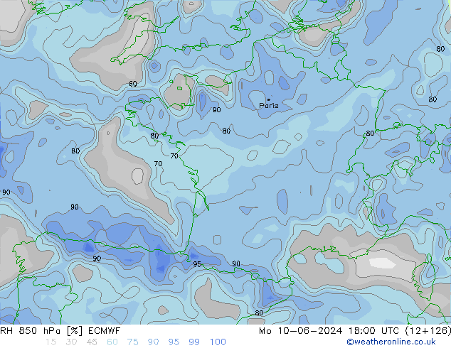 RH 850 hPa ECMWF Po 10.06.2024 18 UTC